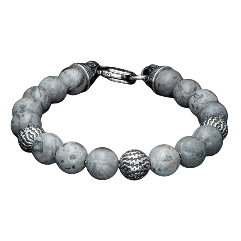 William Henry Seaside Silver Agate bracelet featuring Three finely sculpted beads in sterling silver are surrounded by the arctic granite tones of Silver Lace Agate  all threaded onto our welded stainless steel aircraft cable for durability